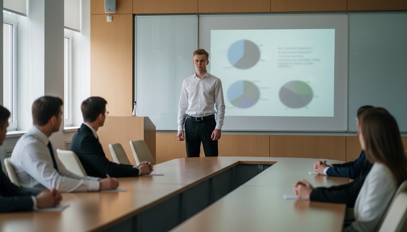 студент на защите диплома отвечает на вопросы комиссии