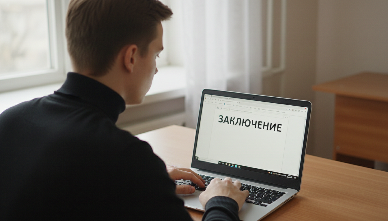 студент пишет заключение ВКР за ноутбуком (вид со спины)