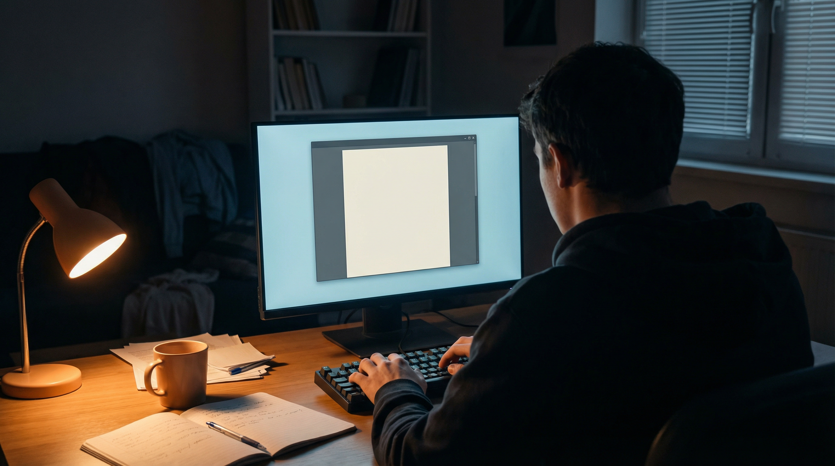 студент пишет диплом ночью за компьютером: вид со спины, дедлайн и концентрация