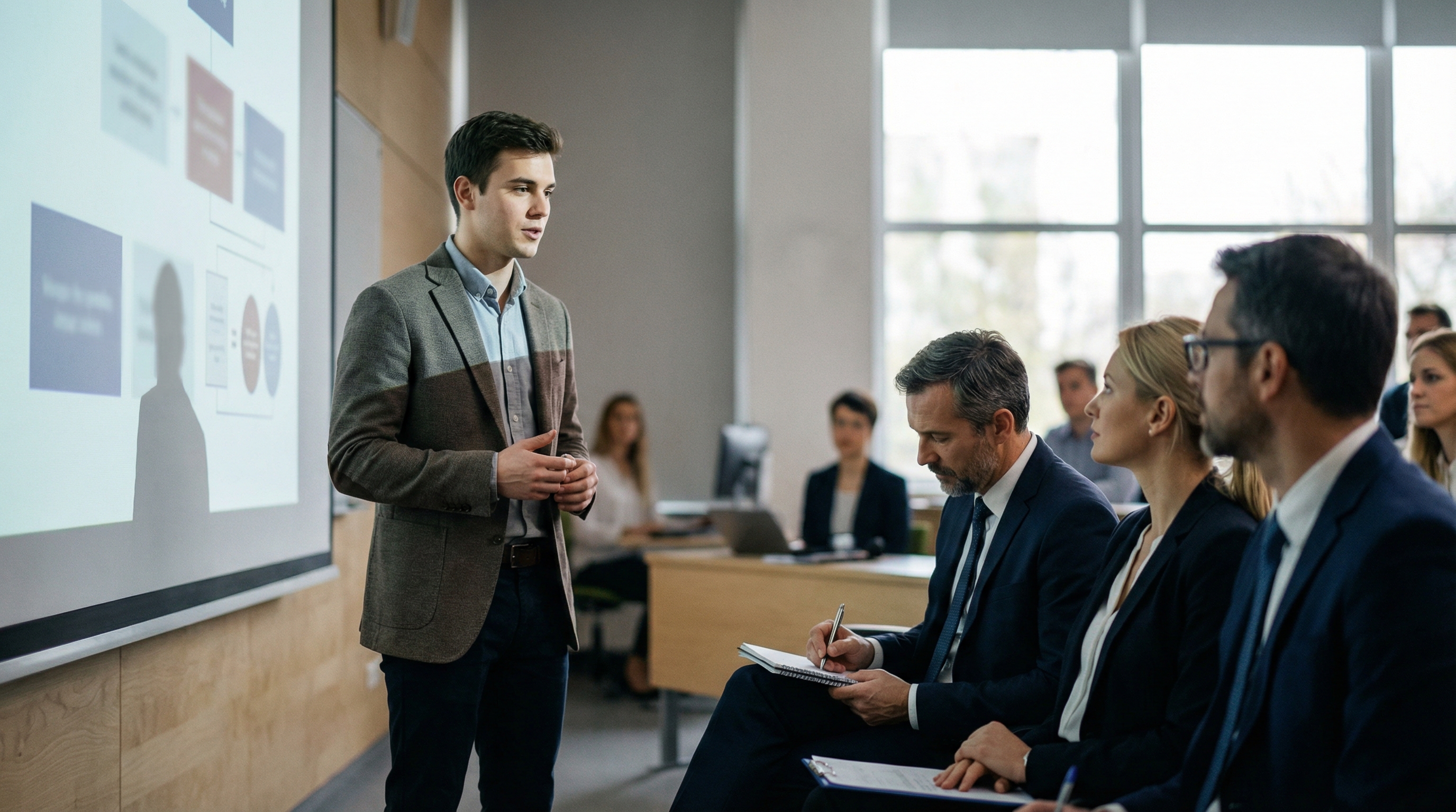 защита диплома: студент уверенно объясняет работу комиссии