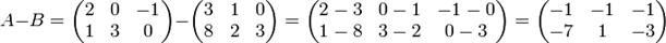 A-B=\begin{pmatrix} 2 & 0 & -1\\ 1 & 3 & 0\end{pmatrix}-\begin{pmatrix} 3 & 1 & 0\\ 8 & 2 & 3\end{pmatrix}=\begin{pmatrix}2-3 & 0-1 & -1-0\\1-8 & 3-2 & 0-3\end{pmatrix}=\begin{pmatrix}-1 & -1 & -1\\-7 & 1 & -3\end{pmatrix}