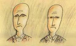 Посмотрите на эти два лица. Оба чем-то недовольны. Но того человека, что справа, недовольство вытолкнет в гущу жизни, а вот у левого воля к жизни уже сломлена. Видите характерный излом его бровей? Это так называемая складка Верагута. Этому человеку уже ничего не хочется, в том числе и жить