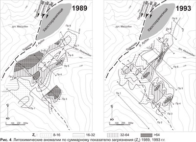 Рис. 4. Литохимические аномалии по суммарному показателю загрязнения Zc 1989, 1993.