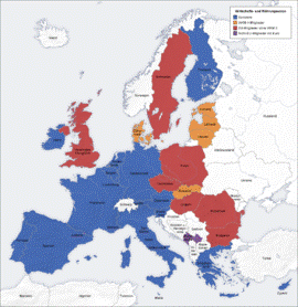 Karte europäischer Staaten mit Bezug zum Euro██ EU-Länder mit Euro██ EU-Länder im WKM II██ EU-Länder außerhalb des WKM II██ Nicht-EU-Mitglieder mit Euro