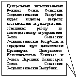 Прямоугольная выноска: Центральный исполнительный Комитет Союза Советских Социалистических Республик издает кодексы, декреты, постановления и распоряжения, объединяет работу по законодательству и управлению Союза Советских Социалистических Республик и определяет круг деятельности Президиума Центрального Исполнительного Комитета и Совета Народных Комиссаров Союза Советских Социалистических Республик. 

