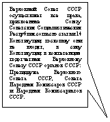 Прямоугольная выноска: Верховный Совет СССР осуществляет все права, присвоенные Союзу Советских Социалистических Республик согласно статьи 14 Конституции, поскольку они не входят, в силу Конституции, в компетенцию подотчетных Верховному Совету СССР органов СССР: Президиума Верховного Совета СССР, Совета Народных Комиссаров СССР и Народных Комиссариатов СССР.


