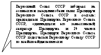 Прямоугольная выноска: Верховный Совет СССР избирает на совместном заседании обеих палат Президиум Верховного Совета СССР в составе: председателя Президиума Верховного Совета СССР, одиннадцати его заместителей, секретаря Президиума и 24 членов Президиума. Президиум Верховного Совета СССР подотчетен Верховному Совету СССР во всей своей деятельности.