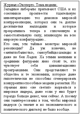 Подпись: Журнал «Эксперт». Тема недели.
Западные либералы призывают США и их союзников произвести тщательную инвента-ризацию тех демонов мировой контрреволю-ции, которых они за долгие десятилетия на-плодили и которые превратились теперь в сплоченную и самостоятельную силу, влияющую на всю мировую конфигурацию...
Кто они, эти тайные монстры мировой рево-люции? Да уж конечно, не «антиглобали-сты», самоубийцы-шахиды и даже не бен Ладен. Ха этими мелкими и средними фигу-рами явно стоят те, кто чувствует себя циви-лизационно проигравшими. Они представ-ляют те общества и те экономики, которые даже гипотетически не способны сгенериро-вать конкурентноспособные модели разви-тия. Их странам явно «не светит» вырваться в мировые лидеры, даже если у них будет го-раздо больше денег, чем сейчас. А посему они заинтересованы в том, чтобы мировых лидеров (а значит и их экономического и по-литического диктата) не было вообще. 
