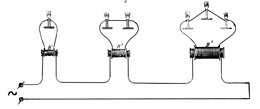 Схема из патента Яблочкова. Впервые с использованием катушек Румкорфа осуществлена трансформация электрического напряжения в зависимости от количества ламп (свечей Яблочкова)