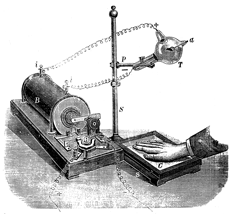 Генерирование рентгеновских лучей с использованием катушки Румкорфа. Идет просвечивание кисти руки на фотопленку