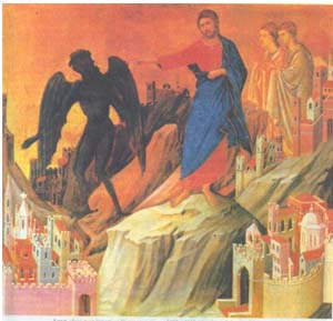 Дуччо. Искушение (третье) Христа в пустыне. 1308—1311. Нью-Йорк. Собрание Фрика