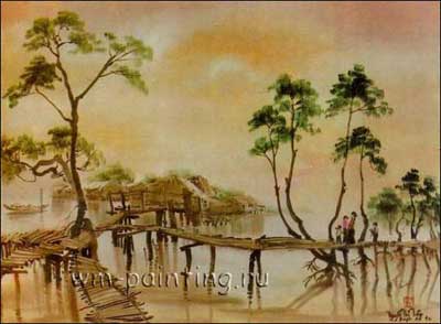 Нгуен Тхи Там, «Деревенская сценка», Ханойский музей, шёлк, акварель
