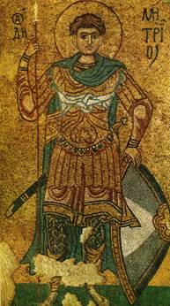  37. Дмитрий Солунский. Мозаика Михайловского-Златоверхого монастыря в Киеве. Конец XI в. Москва, Третьяковская галерея. (Saint Demetrios de Thessalonique. Mosaique du monastere de Saint-Michel au Toit d'or a Kiev. Conservee a la Galerie Tretiakov. Moscou.)