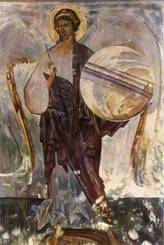  70. Архангел Гавриил. Фреска храма Успения на Волотовом поле. Вторая половина XIV в.(L'archange Gabriel. Fresque de 1'eglise de I'Assomption de Volotove. Seconde moitie du XlVe s.) 