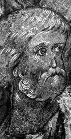  83. Андрей Рублев. Апостол Петр. Фрагмент фрески 'Шествие праведных в рай' Успенского собора во Владимире. 1408.(Andre Roublev. Saint Pierre. Fragment de la fresque 'La procession des Justes au paradis' de la cathedrale de la Dormition de Vladimir. 1408.) 