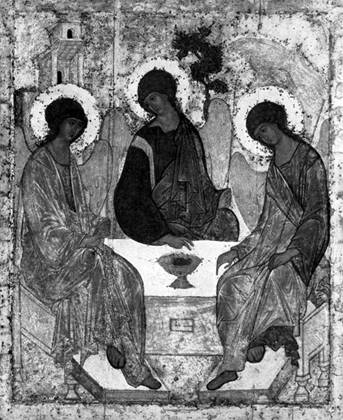  81. Андрей Рублев. Троица. Икона. Начало XV в. Москва, Третьяковская галерея.(Andre Roublev. La Sainte Trinite. Ic6ne, debut du XVes. Galerie Tretiakov. Moscou.) 