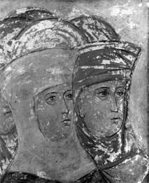 71. Андрей Рублев. Жены праведные. Фрагмент фрески Успенского собора во Владимире. 1408.(Andre Roublev. Les bienheureuses. Fragment d'une fresque de la cathedrale de la Dormition de Vladimir. 1408.) 