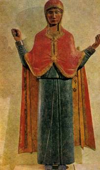  140. Параскева Пятница. Деревянная статуя. XVI в. Новгородский историко-архитектурный музей-заповедник.(La Sainte Parasceve. Statue en bois du XVIe s. Musee de Novgorod.) 