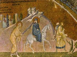  13. Бегство в Египет. Мозаика Кахрие Джами. Начало XIV в.('La Fuite en Egypte'. Mosaique de Kahrie Djami. Debut du XlVe s.) 