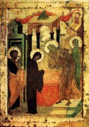  101. Школа Андрея Рублева. Сретение. Икона. Начало XV в. Троицкий собор Троице-Сергиевой лавры.(Ecole d'Andre Roublev. La Purification. Ic6ne. Debut du XVes. Laure de la Trinite-Saint-Serge.) 