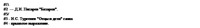 Подпись: #1\
#2  --- Д.И. Писарев "Базаров".
#5/
#3 - И.С. Тургенев "Отцы и дети" глава
#4 - крылатое выражение.
