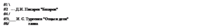 Подпись: #1 \
#2   --- Д.И. Писарев "Базаров" 
#4 /
#5\___ И. С. Тургенев "Отцы и дети"
#6/                   глава
