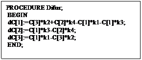 Подпись: PROCEDURE Difur;
 BEGIN
 dC[1]:=C[3]*k2+C[2]*k4-C[1]*k1-C[1]*k3;
 dC[2]:=C[1]*k3-C[2]*k4;
 dC[3]:=C[1]*k1-C[3]*k2;
 END;
