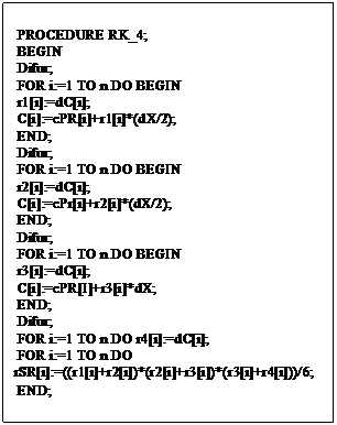Подпись:  PROCEDURE RK_4;
 BEGIN
 Difur;
 FOR i:=1 TO n DO BEGIN
 r1[i]:=dC[i];
 C[i]:=cPR[i]+r1[i]*(dX/2);
 END;
 Difur;
 FOR i:=1 TO n DO BEGIN
 r2[i]:=dC[i];
 C[i]:=cPr[i]+r2[i]*(dX/2);
 END;
 Difur;
 FOR i:=1 TO n DO BEGIN
 r3[i]:=dC[i];
 C[i]:=cPR[I]+r3[i]*dX;
 END;
 Difur;
 FOR i:=1 TO n DO r4[i]:=dC[i];
 FOR i:=1 TO n DO rSR[i]:=((r1[i]+r2[i])*(r2[i]+r3[i])*(r3[i]+r4[i]))/6;
 END;
