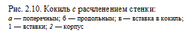 Подпись: Рис. 2.10. Кокиль с расчленением стенки:
а — поперечным; б — продольным; в — вставка в кокиль; 1 — вставки; 2 — корпус
