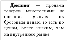 Подпись: Демпинг — продажа товаров монополиями на внешних рынках по бросовым ценам, то есть по ценам, более низким, чем на внутреннем рынке.