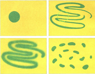 Две пробные капли, флуоресцирующие красным и зеленым светом