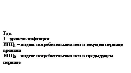 Подпись: Где:
I – уровень инфляции
ИПЦ1 – индекс потребительских цен в текущем периоде времени
ИПЦ0 – индекс потребительских цен в предыдущем периоде
