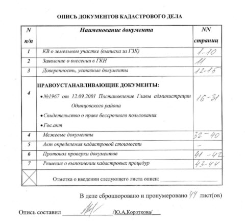 Пример оформления кадастрового дела (содержание)