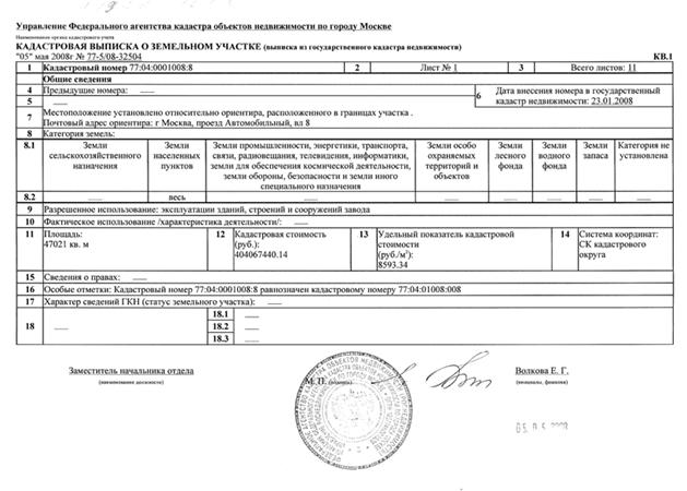 Пример сведений ГКН в виде кадастровой выписки (форма КВ.1)