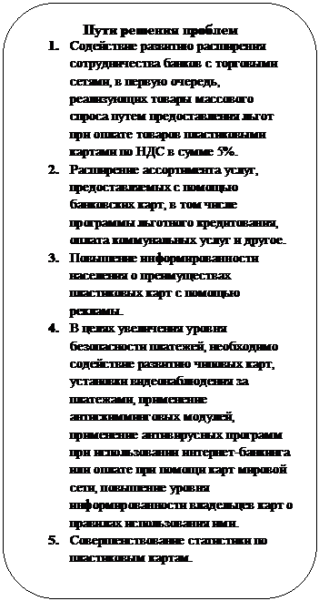 Скругленный прямоугольник: 	    Пути решения проблем
1.	Содействие развитию расширения сотрудничества банков с торговыми сетями, в первую очередь, реализующих товары массового спроса путем предоставления льгот при оплате товаров пластиковыми картами по НДС в сумме 5%.
2.	Расширение ассортимента услуг, предоставляемых с помощью банковских карт, в том числе программы льготного кредитования, оплата коммунальных услуг и другое.
3.	Повышение информированности населения о преимуществах пластиковых карт с помощью рекламы.
4.	В целях увеличения уровня безопасности платежей, необходимо содействие развитию чиповых карт, установки видеонаблюдения за платежами, применение антискимминговых модулей, применение антивирусных программ при использовании интернет-банкинга или оплате при помощи карт мировой сети, повышение уровня информированности владельцев карт о правилах использования ими. 
5.	Совершенствование статистики по пластиковым картам. 
