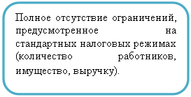Скругленный прямоугольник: Полное отсутствие ограничений, предусмотренное на стандартных налоговых режимах (количество работников, имущество, выручку).