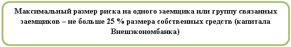 Скругленный прямоугольник: Максимальный размер риска на одного заемщика или группу связанных заемщиков – не больше 25 % размера собственных средств (капитала Внешэкономбанка)
