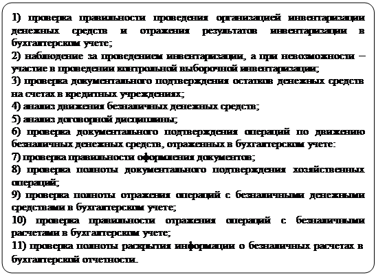 Скругленный прямоугольник: 1) проверка правильности проведения организацией инвентаризации денежных средств и отражения результатов инвентаризации в бухгалтерском учете;
2) наблюдение за проведением инвентаризации, а при невозможности – участие в проведении контрольной выборочной инвентаризации;
3) проверка документального подтверждения остатков денежных средств на счетах в кредитных учреждениях;
4) анализ движения безналичных денежных средств;
5) анализ договорной дисциплины;
6) проверка документального подтверждения операций по движению безналичных денежных средств, отраженных в бухгалтерском учете:
7) проверка правильности оформления документов;
8) проверка полноты документального подтверждения хозяйственных операций;
9) проверка полноты отражения операций с безналичными денежными средствами в бухгалтерском учете;
10) проверка правильности отражения операций с безналичными расчетами в бухгалтерском учете;
11) проверка полноты раскрытия информации о безналичных расчетах в бухгалтерской отчетности.

