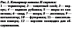 Подпись: Рис. 3. Конвертор метана II ступени:
1 — термопары; 2— защитный слой; 3— кор¬пус; 4 — водяная рубашка; 5 — шары из гли¬нозема; 6—свод; 7 — опора; 8 — лестница; 9 — катализатор; 10 — футеровка; 11— смеситель¬ная камера;. 12 — верхняя площадка для об-служивания.
