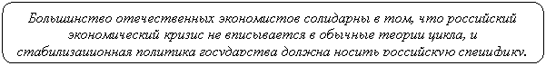 Скругленный прямоугольник: Большинство отечественных экономистов солидарны в том, что российский экономический кризис не вписывается в обычные теории цикла, и 
стабилизационная политика государства должна носить российскую специфику.
