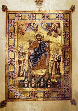 Молитвенник Гертруды (Чивидале, Италия. Cod. CXXXVI). Христос на троне, коронующий князя Ярополка и его жену Ирину