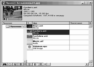 Импортированные клипы в окне Project