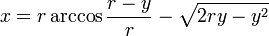 x=r \arccos \frac {r-y}{r} - \sqrt{2ry-y^2}