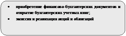 Скругленный прямоугольник: •	приобретение финансово-бухгалтерских документов и открытие бухгалтерских учетных книг;
•	эмиссия и реализация акций и облигаций 

