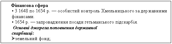 Подпись: Фінансова сфера
•	3 1648 по 1654 р. — особистий контроль Хмельницького за державними фінансами.
•	1654 р. — запровадження посади гетьманського підскарбія.
 Основні джерела поповнення державної скарбниці:
Ø	земельний фонд;
Ø	прикордонне торгове мито;
Ø	доходи від промислів, торгівлі, податків
