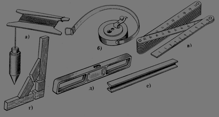 Контрольно-измерительные инструменты: а - отвес, б - рулетка, в - складной метр, г - угольник, д - строительный уровень, е - дюралюминиевое правило