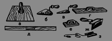 Рис. 13. Набір інструментів для штукатурних робіт: а - сокіл; б - кельма; в - отрезовка; г - полуторок; д - правило; е - тертка; ж - скре6ок; з - схил