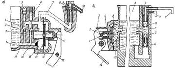 Описание: Схема УН    диафрагменного типа карбюраторов ВАЗ-2105 (а) и ВАЗ-2108 (б)