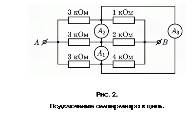 Подпись:  

Рис. 2.
Подключение амперметра в цепь.
