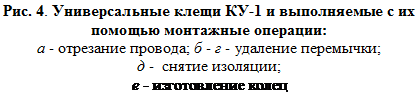 Подпись: Рис. 4. Универсальные клещи КУ-1 и выполняемые с их помощью монтажные операции:
а - отрезание провода; б - г - удаление перемычки; 
д -  снятие изоляции;
е - изготовление колец
